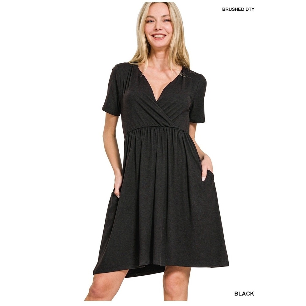 Zenana Black Brushed DTY Surplice Dress‎ with Pockets